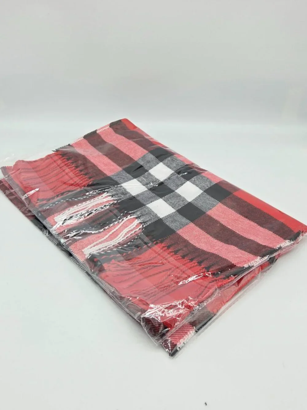 Plaid Cashmere Scarf - Red, charcoal, black, white